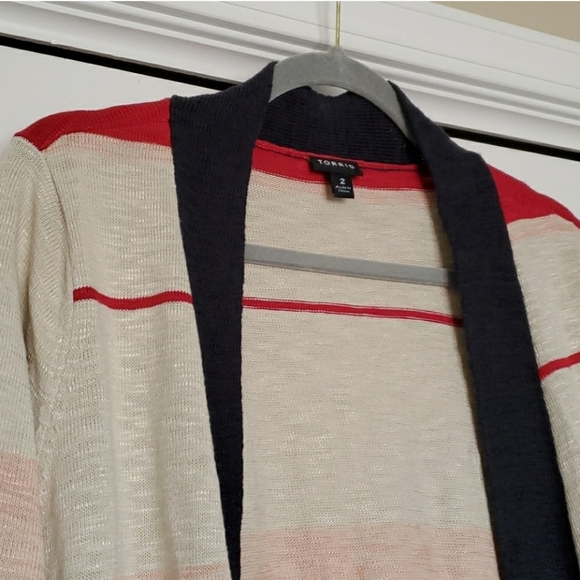 Torrid navy blue Cream Tan Pink striped cardigan sweater 2X - Picture 2 of 5